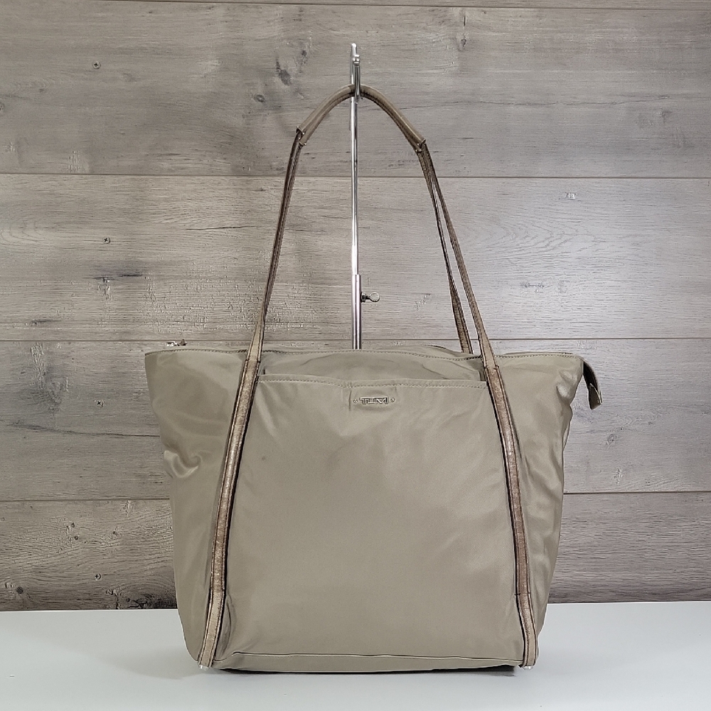 Tumi Taupe Nylon Tote with Leather Trimmed Straps